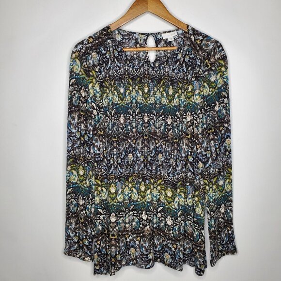 J Jill Womens Smocked Geometric Blouse Size XL Long Sleeve Keyhole Art To Wear - Picture 1 of 9